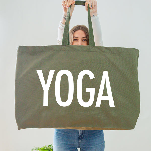 Yoga Bag - Really Big Yoga Tote Bag - Olive Tote Bag With the word Yoga printed in white