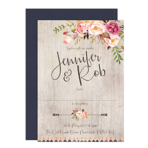 Boho Floral Wedding Invitations - Russet and Gray