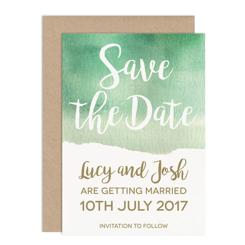 Green Watercolour Wedding Save The Date Card