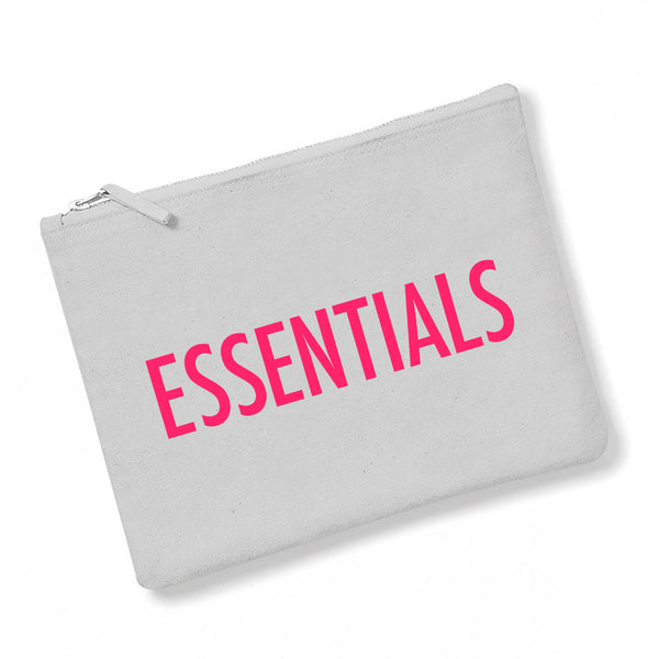 a really useful oversized grey pouch printed in neon pink with the slogan 'essentials'