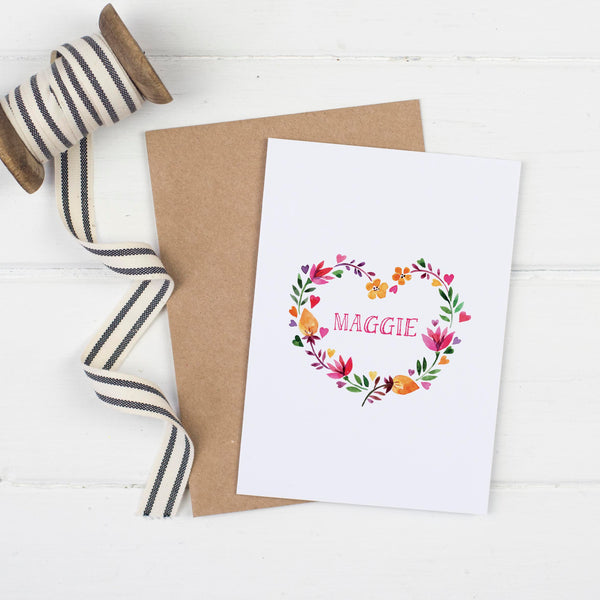Personalised Floral Heart Card - Russet and Gray