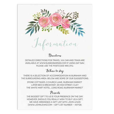 Floral Wedding Information Card