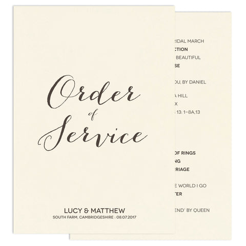 Modern Calligraphy Wedding Order Of Service Card