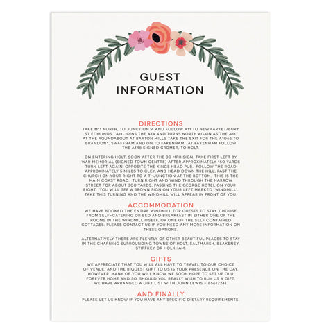 Modern Botanical Wedding Information Card