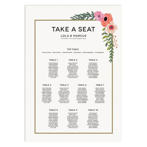 Modern Botanical Wedding Table Plan Seating Chart
