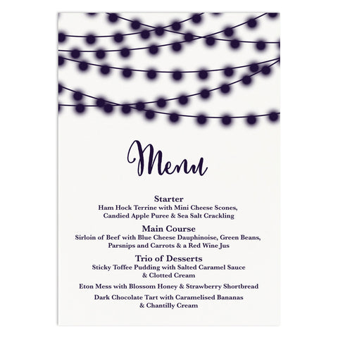 String Lights Nightgarden Wedding Menu