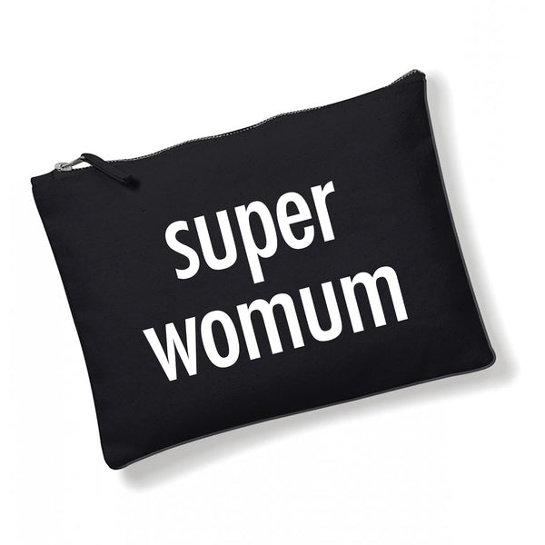 an oversized black cotton canvas pouch printed with the slogan 'super womum' in white