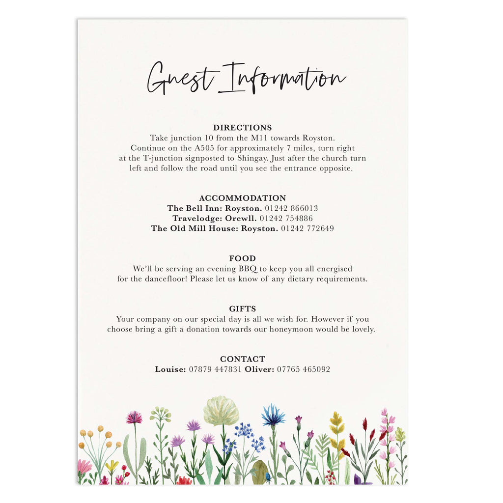 Wildflowers Wedding Information Card