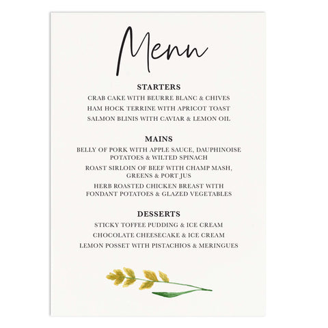 Wildflowers Wedding Menu